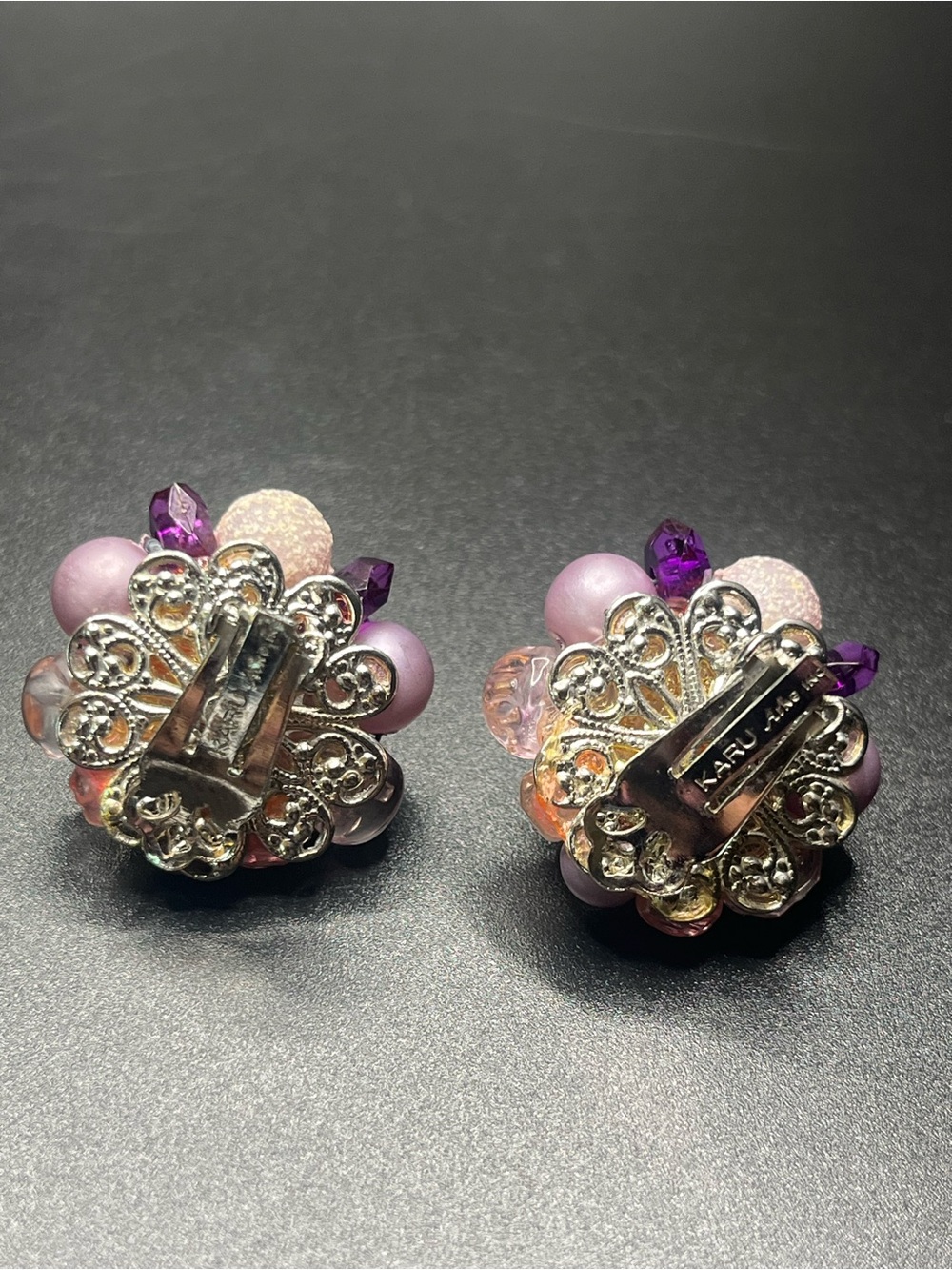 Vintage KARU Cluster Clip On Earrings Pink Lavender Purple Beaded statement - Picture 6 of 8